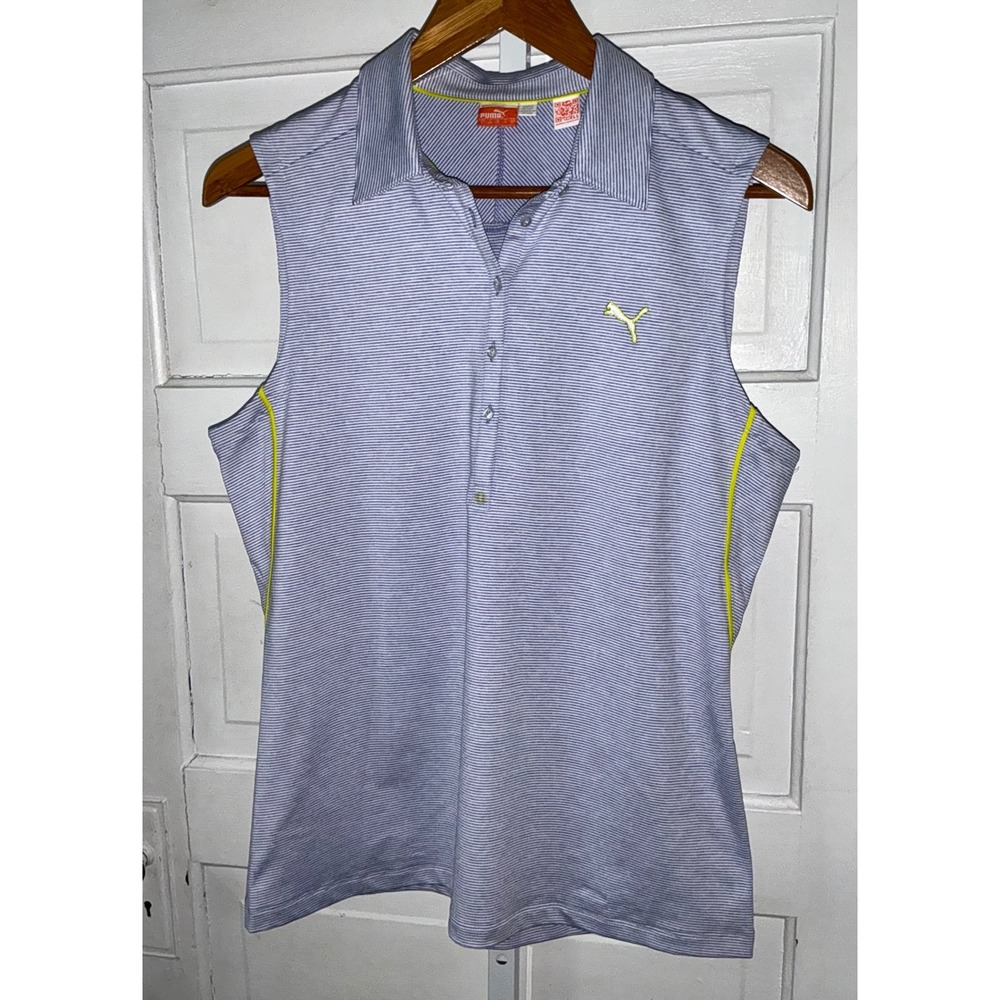 Puma Golf Sleeveless Polo Shirt Womens Large Blue White Stripe DryCell Athletic
